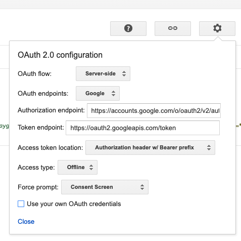 OAuth 2.0 Playground: Settings screen.