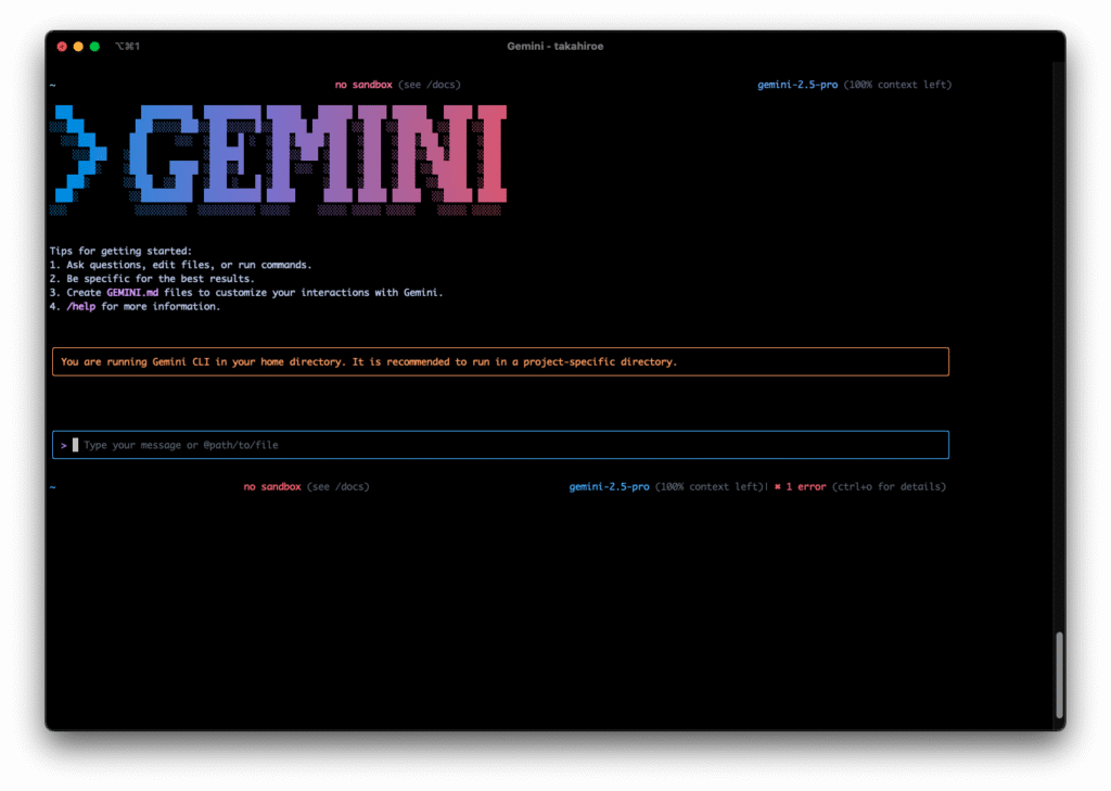 認証完了画面。Geminiが始められる。